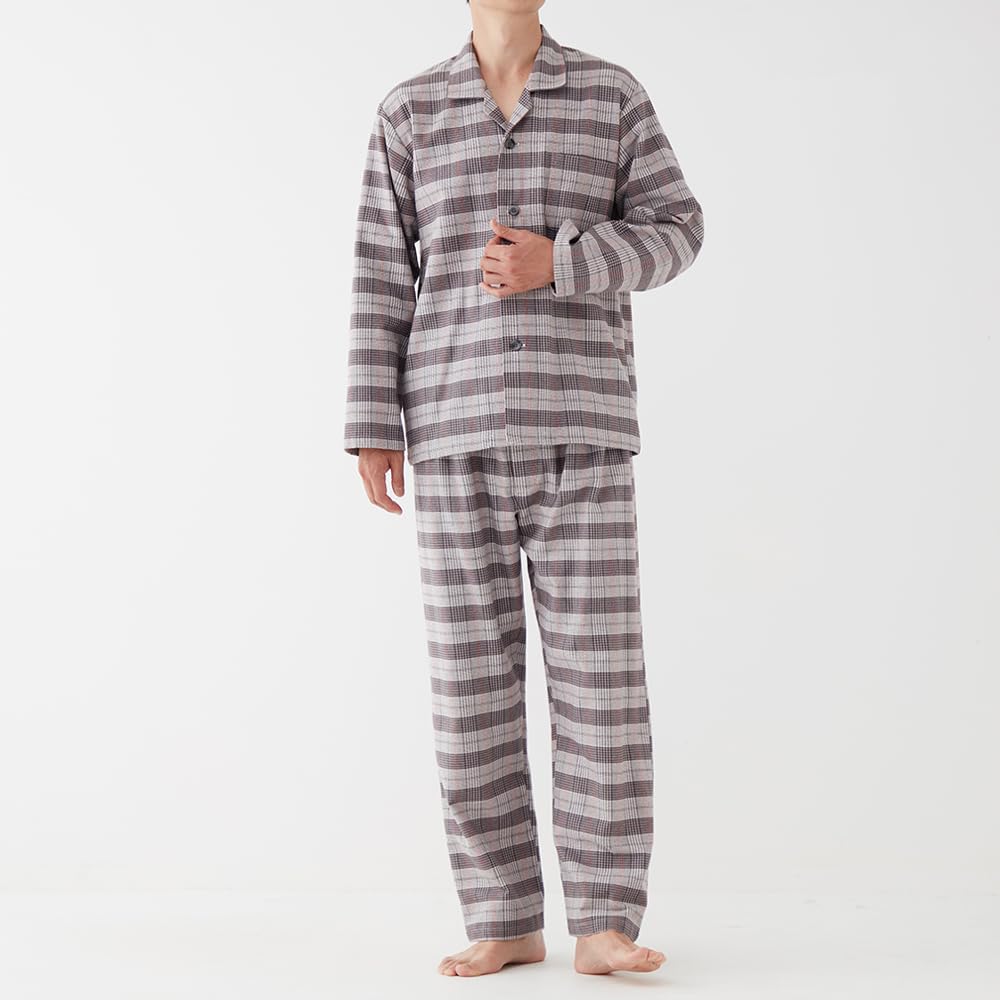 Gunze Made in Banshu Long Sleeve and Pants Dyed SF4353 Men's Pajamas, Japan, Weave, (Front Opening), 100% Cotton, Flannel, Gray,
