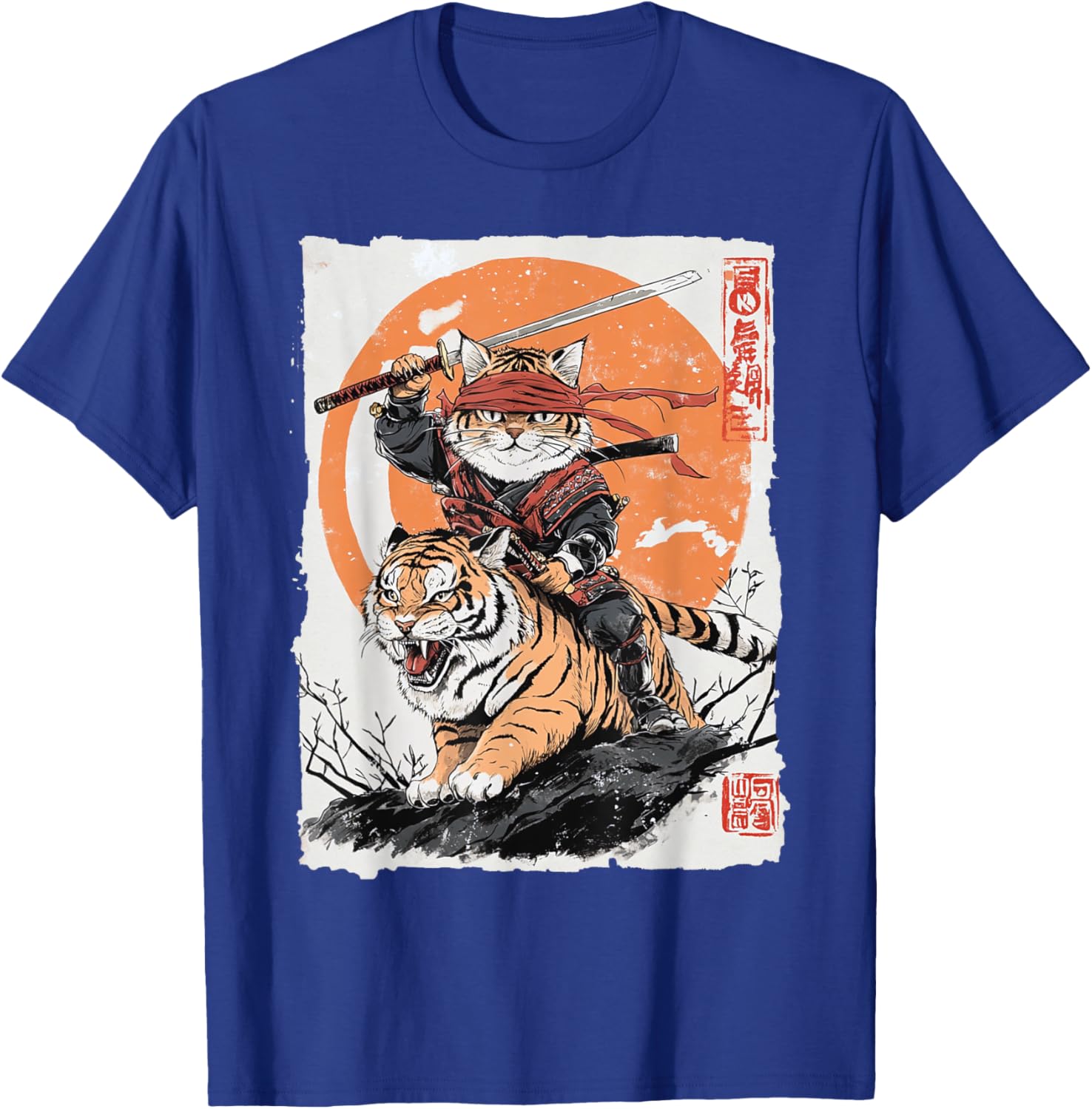 

Ninja Cat Riding Tiger Samurai Japanese Art Graphic Tee Casual Short Sleeve TShirt For Men Women 4XL