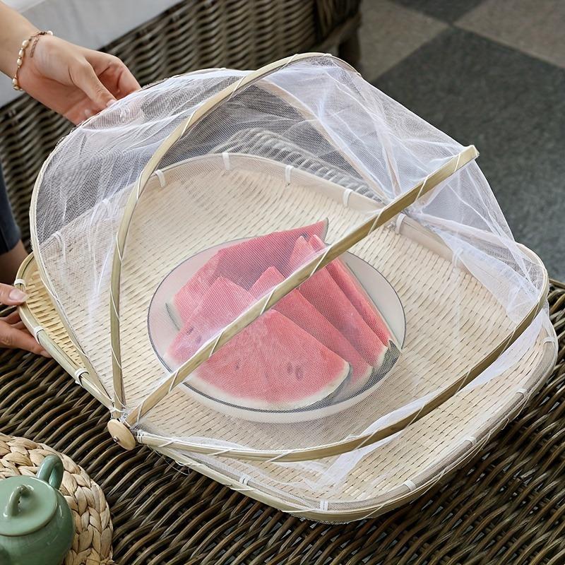 1 pcs hand-woven bamboo tent basket with mesh lid, dustproof household food storage basket for outdoor and indoor use