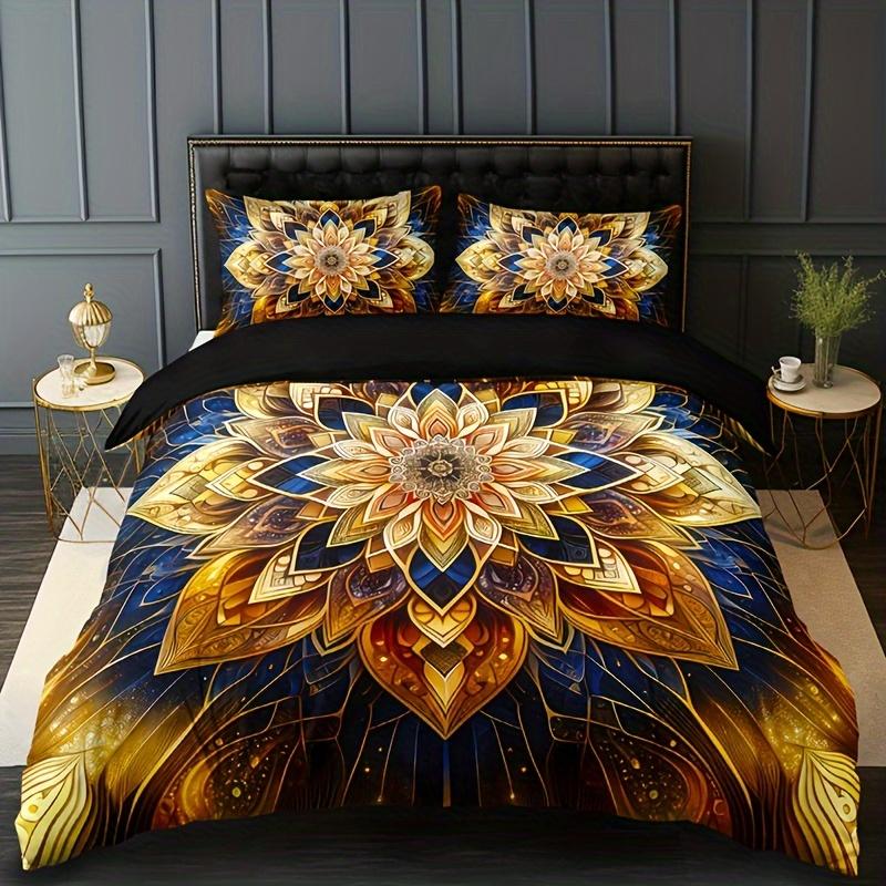 Золотой Мандала Цветочный 3-предметный комплект пододеяльника с 2 наволочками - Дышащий Полиэстер, Всесезонный Удивительная Тема Цветочная (135x200cm)