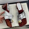 Fashion Fashion Metal Decoration Design High Heel Slippers Women High Quality Faux Suede Slide Sandals Comfort Clip Toe Brand Flip Flops
