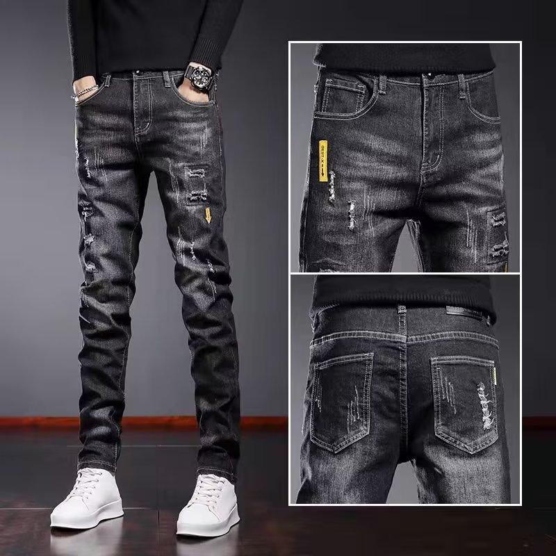 New men's retro trendy jeans spring and summer ripped slim-fitting small feet and thin casual trousers