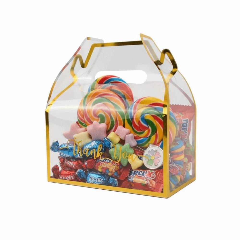 Ensemble de 12 pièces Boîte à bonbons transparente réutilisable Bordure dorée Design portable Boîte cadeau Sac en PVC Emballage de remerciement