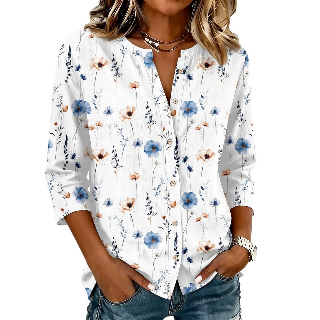Women's Retro Floral Print Button Down Shirt 3/4 Sleeve Cotton Linen Blouse