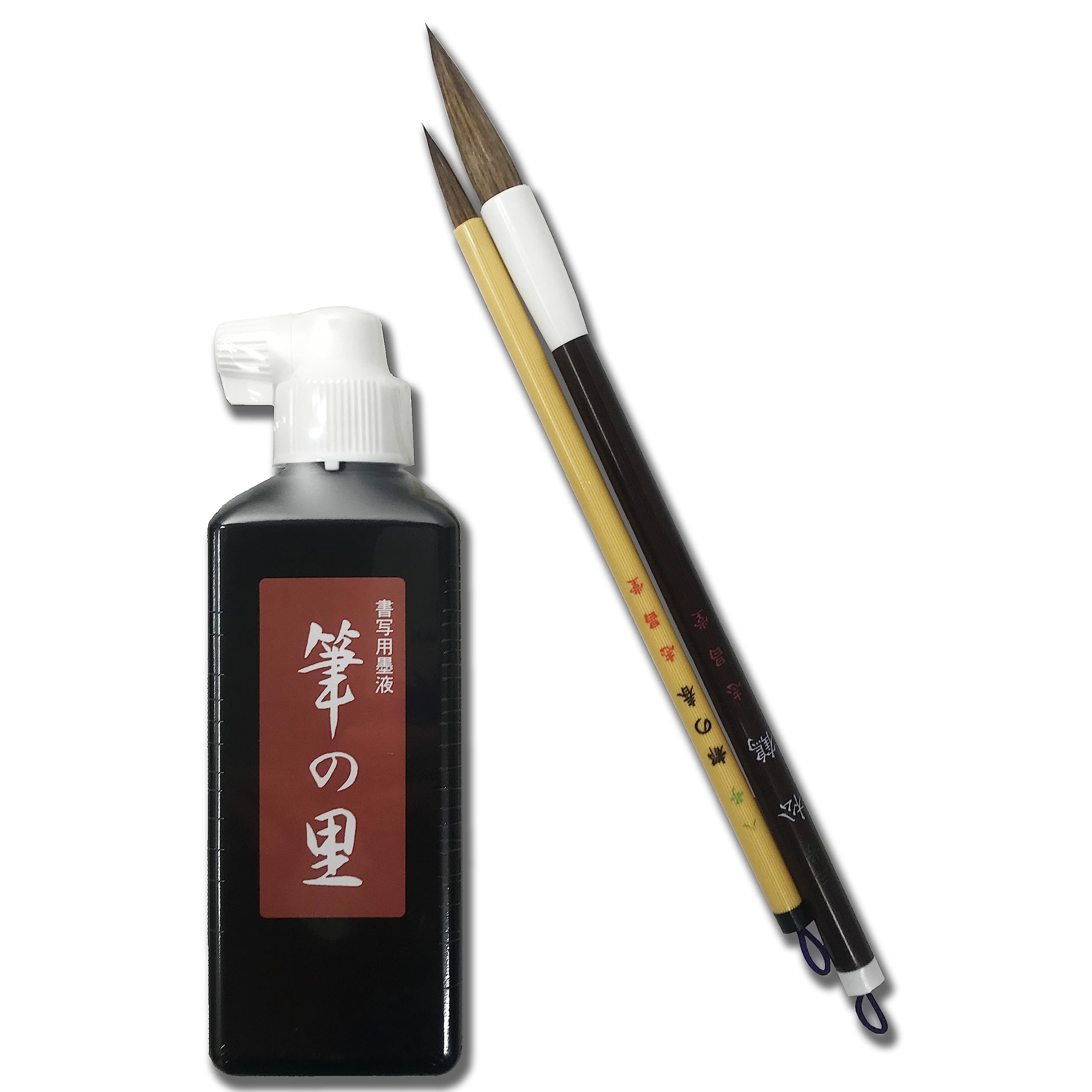 Shishodo Calligraphy Brush Ink Set Red Hair Thick Red Hair 180ml & (Fine Brush, Daruma-Shaped Brush, Ink)
