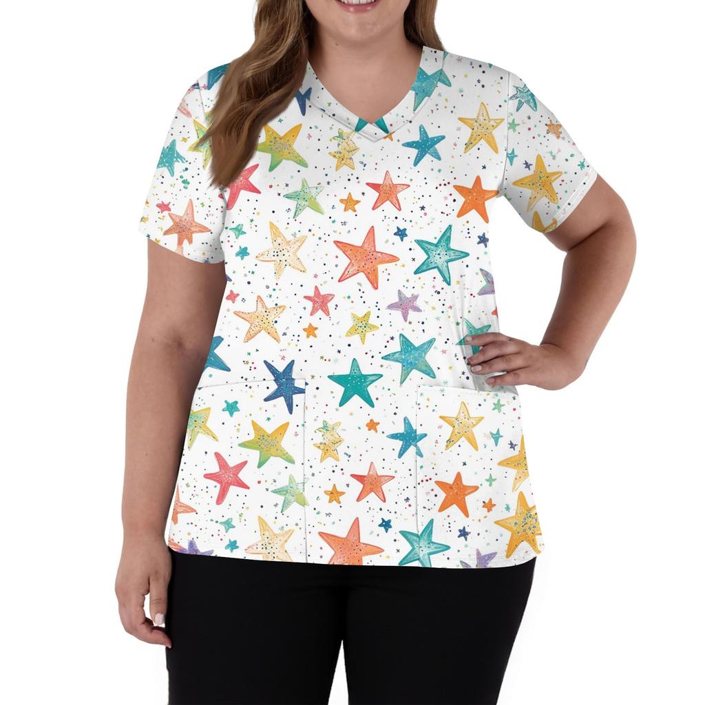 Damenmode V-Ausschnitt Kurzarm Overalls mit Taschen Print Tops Kleidung