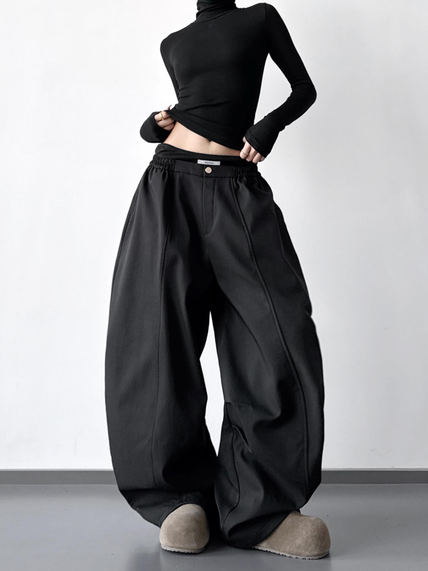 

2025 Women s Retro Khaki Double Waistband Wide-Leg Suit Pants L чёрный