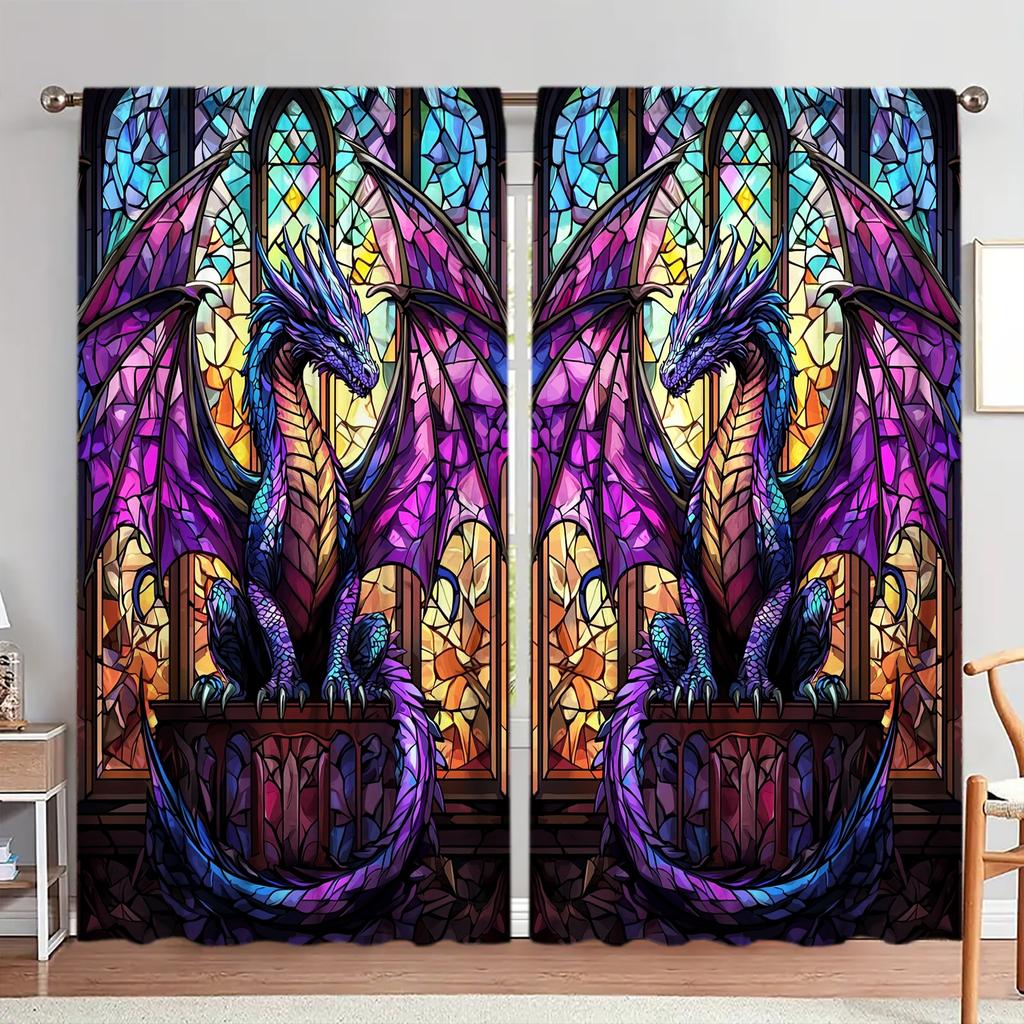 2pcs Stained Glass Dragon Printed Curtain - Artistic Home Decoration Curtains, All Season Decorative Curtains