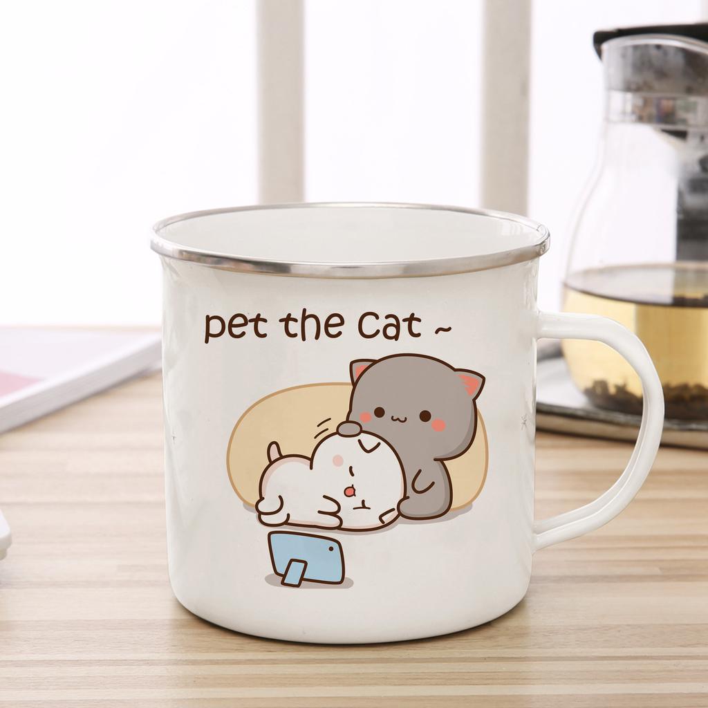 New Peach and Goma Cat Enamel Coffee Tea Cup Cute Animal Breakfast Dessert Milk Water Cup Couple Gift Original Breakfast Cups