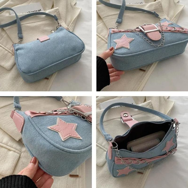 Y2k Cool Hot Girls Denim Shoulder Bags Vintage Rivet Star Women's Chain Underarm Bag Ctrasting Color Female Portable Handbag
