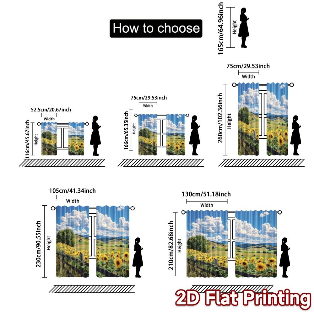Set Of 2 Flat Printing Curtains Without Rod Sunflower Valley Chic Window Curtain Durable Polyester All Seasons