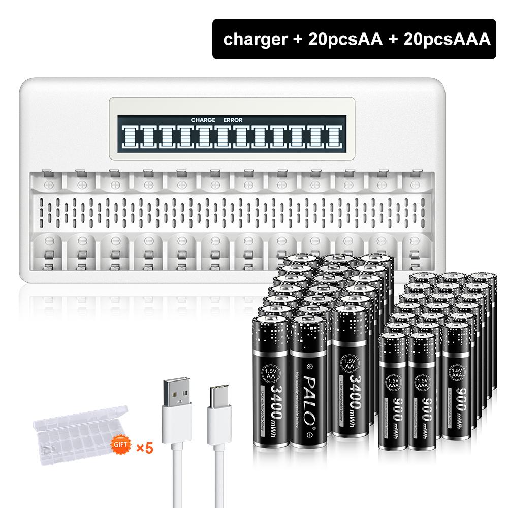 PALO 3400 mWh 1,5 V AA 900 mWh 1,5 V AAA LI-ion dobíjecí baterie AA AAA lithiové baterie +12 slotů Nabíječka baterií 1,5 V AA AAA