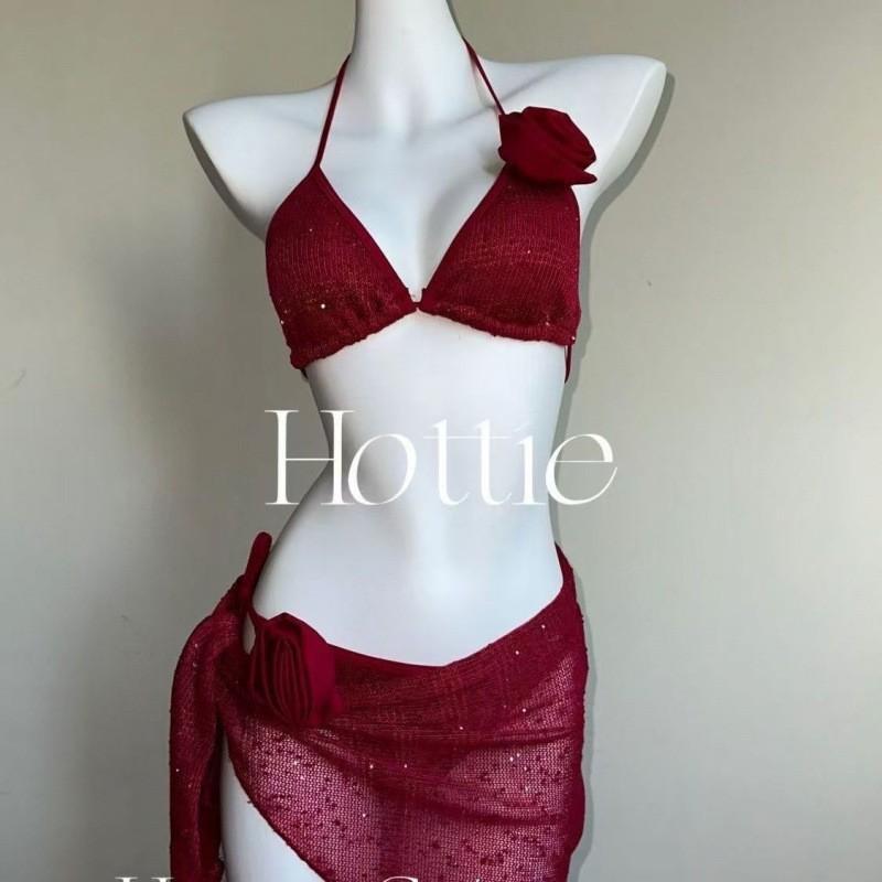 

Pure Desire Style Knitted Wine Red Triangle Package Rose Bikini Three Piece Split Swimsuit Women Thailand Vacation Beach S бордовый