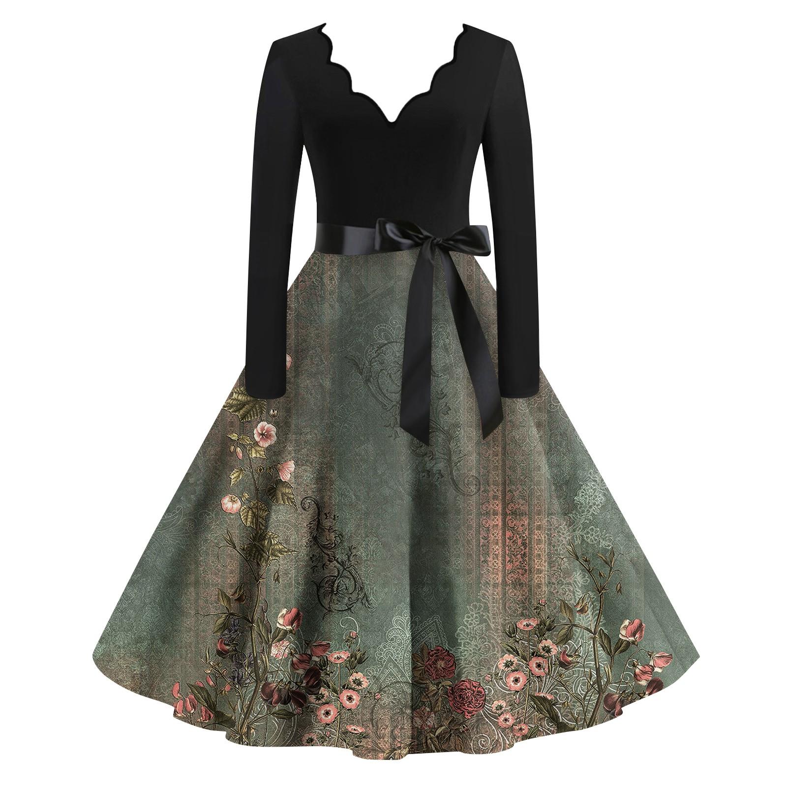 

Женские повседневные модные длинные платья с длинным рукавом в стиле ретро с графическим принтом в винтажном стиле на осень L