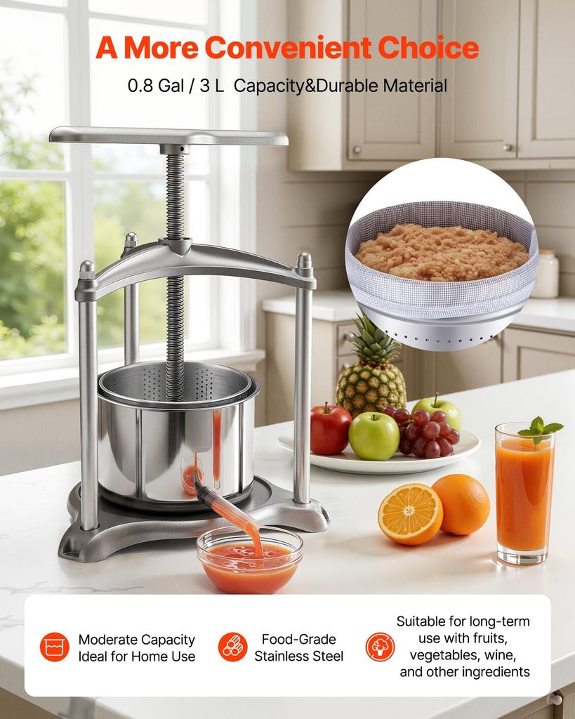 Fruit Wine Press, 0.8 Gallon/3L, Stainless Steel Manual Juice Maker with Powerful T-Shaped Handle, Juice Making for Apple/Grape/Orange/Berry,