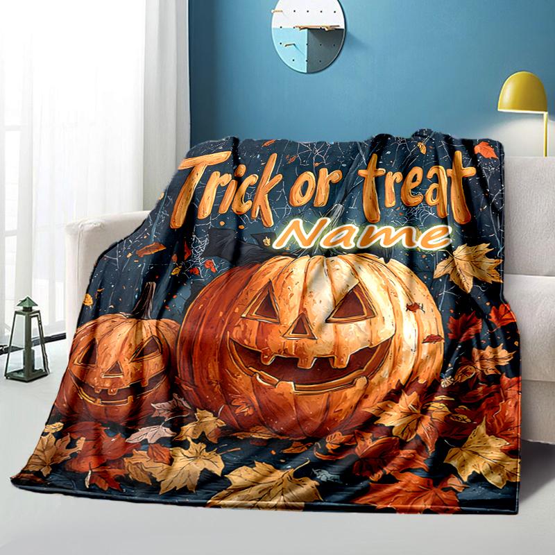 1PC Custom Name Halloween Pumpkin Night outdooor Flannel blankets Throw Blanket All-Season Throw Gift Bedspread for Couch, Bed, Camping Holiday Birthd