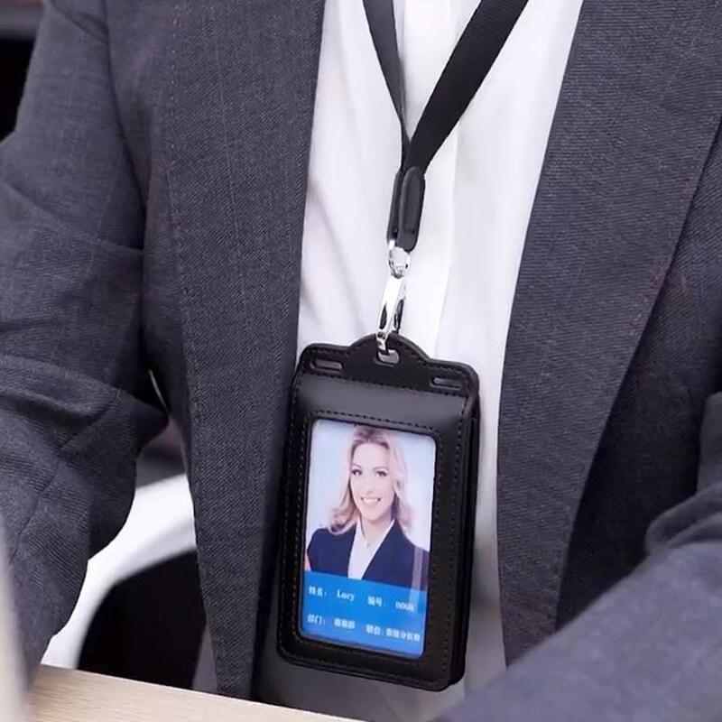 Badge Holder Trifold with Lanyard Leather Card Holders and Clear ID Window for Office Staffs Student Teacher Couriers Formal Classic Black