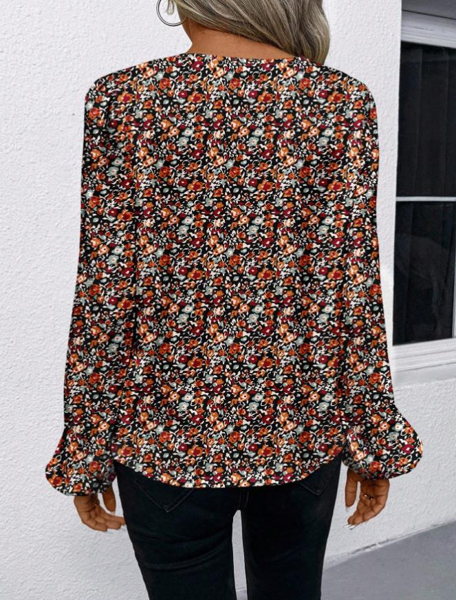 2025 European & American V-neck Long Sleeve Printed Casual Shirt for Women - Spring/Autumn