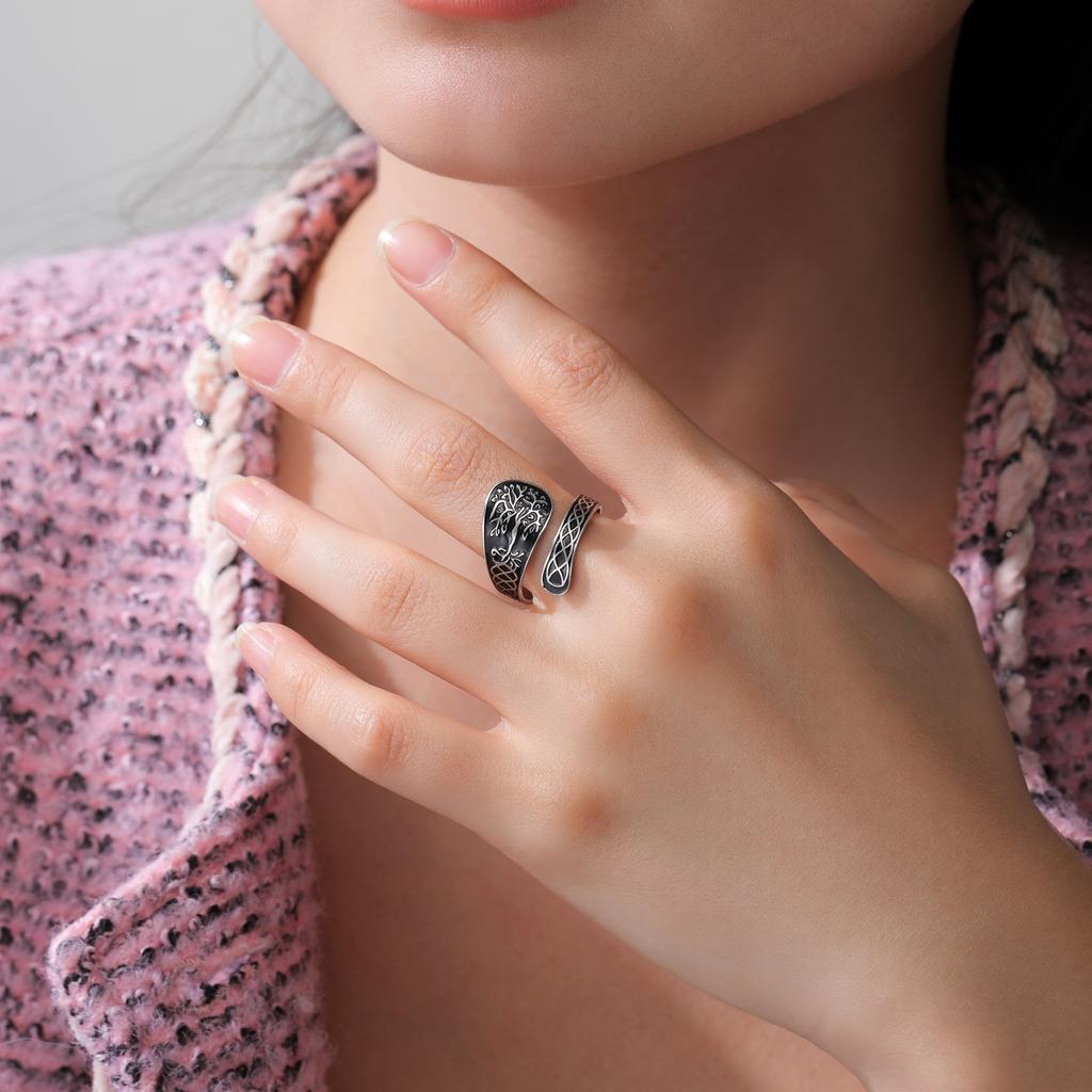 Tree of Life Ring Adjustable Open Band Spiritual Healing Jewelry Stainless Steel Boho Gift for Women Men