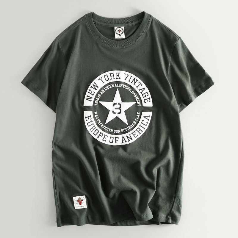 Export Tail Goods Exported to Japan Big Brand Pure Cotton Men Print Short Sleeve T-shirt Half Sleeve Summer Menswear Bottoming Shirt Fashion Gray Green L