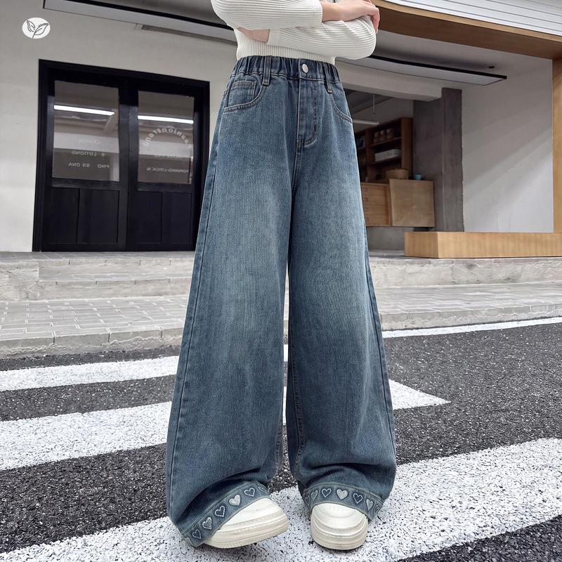 Autumn 2026 Girls' Wide Leg Jeans - Embroidered Hem, Versatile Straight Fit for Medium & Large Children