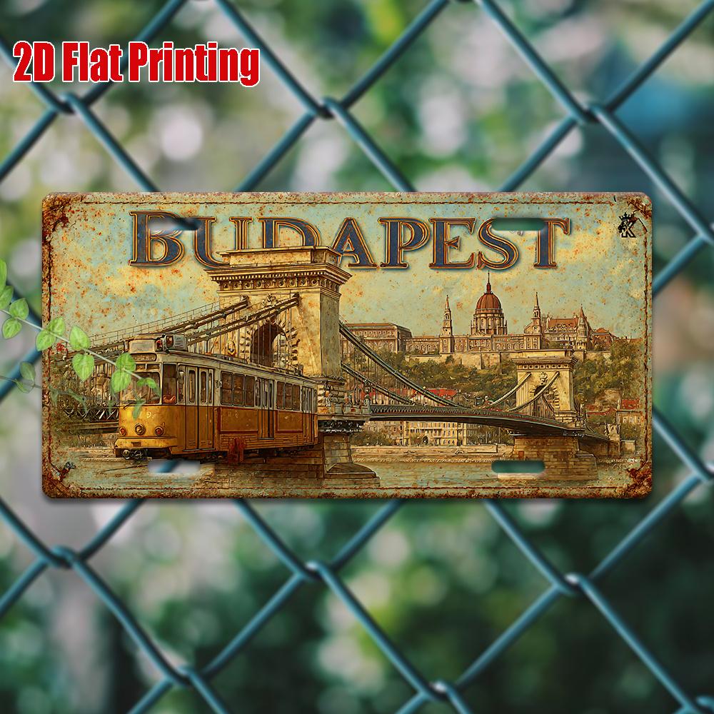 

D Flat pc Vintage Metal Sign D Flat Printing BUDAPEST Aluminum Sign with Bridge and Tram Scene For Decoration Only Out 15x30cm(5.9x7.8inch)