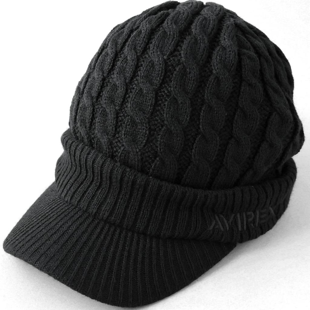 AVIREX Cable Knit Cap with and Winter Knit 023 Loose-Fit Brim, Men's Women's Cap, Black,