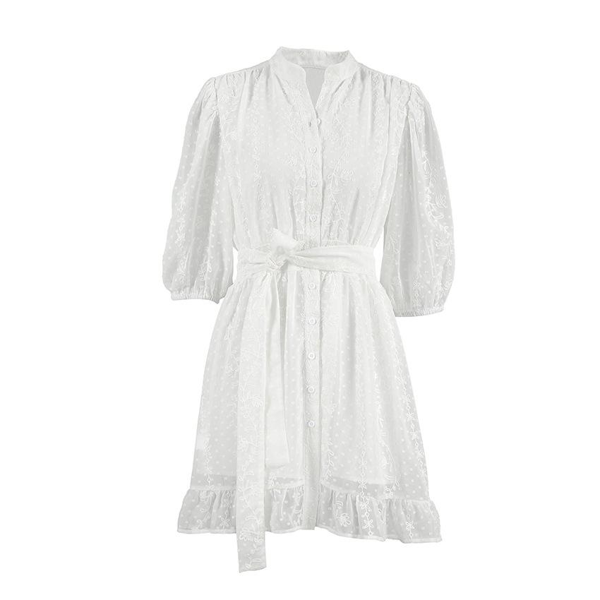 French white jacquard stand-up collar A pendulum lace-up dress spring and summer European and American fashion new short skirt women S