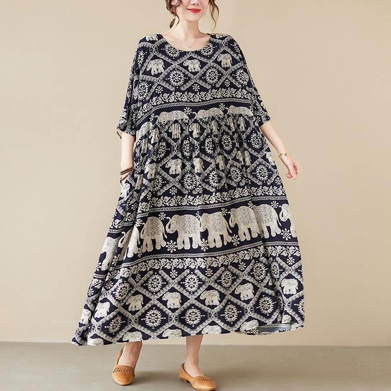 Real Shot Summer New Literary Large Size Loose Cotton Silk Printed Short-sleeved Dress Women's Long Dress