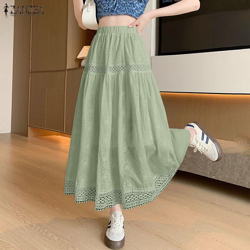 ZANZEA Women Casual Elastic Waist Loose Lace Crochet Patchwork Dress