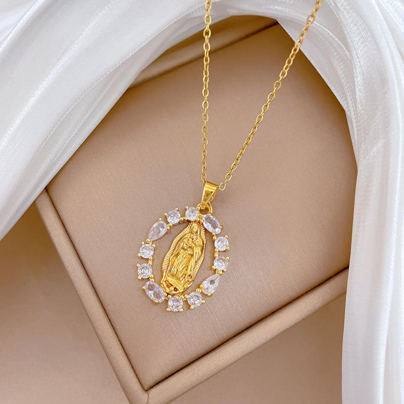 Stainless Steel Chain Necklace Luxury Hollow Oval Zircon Virgin Mary Pendant Necklace for Women Men Religious Gifts for Lover