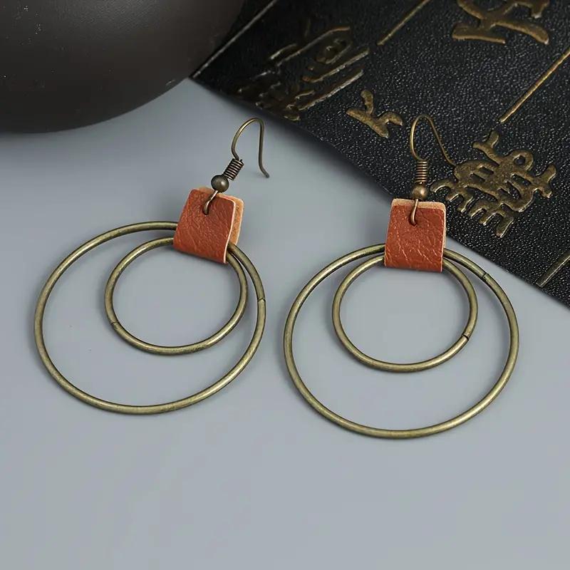 Ethnische Antikbronze Doppelkreis Ohrringe Vintage Persönlichkeit Leder Hängeohrringe für Damen Schmuck