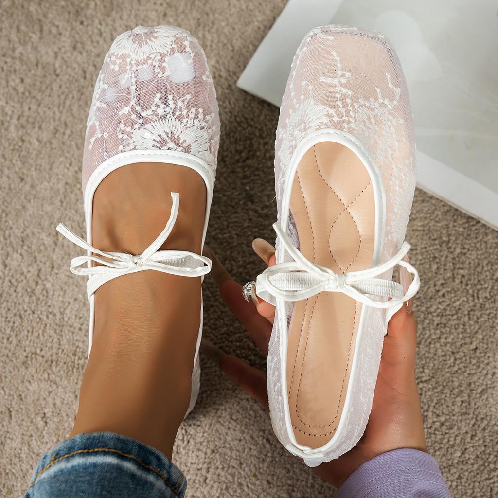 Square-toe Ballet-style Mesh Flat Slip-ons, French-style Temperament Mary Jane Shoes