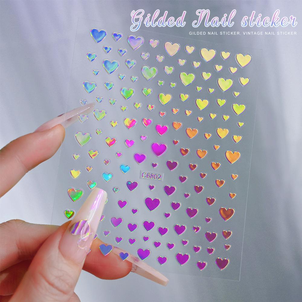 6Sheet/Kit Holographic Rainbow Love Heart Nail Sticker 3D Laser Heart Nail Decal Self-Adhesive Love Heart Manicure Slider &*&