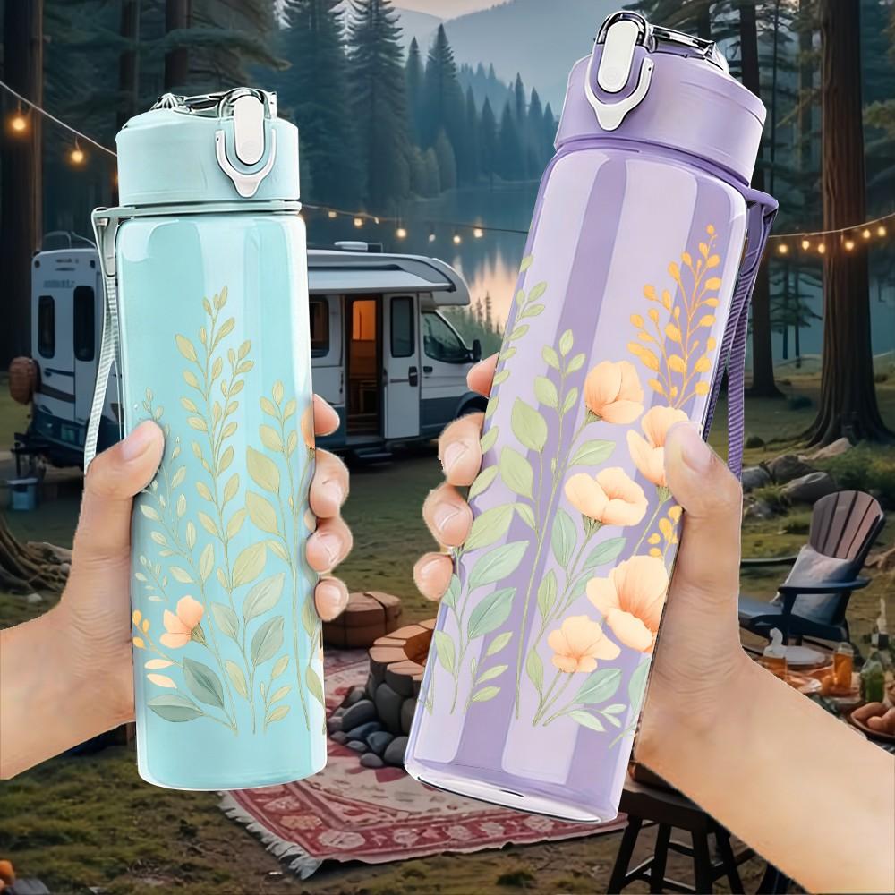 1PC Light Green Leaf Bouquet Art 750ml Color Plastic Sports Water Bottle Leakproof Flip Straw Lid Suitable for Sports Office Home Use