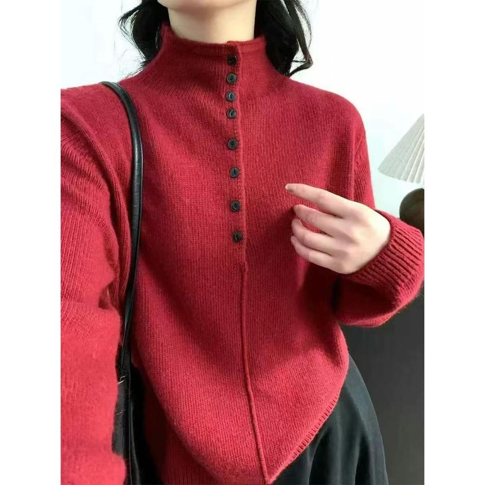 New Autumn and Winter Half-button High-neck Sweater for Women, Thick Long-sleeved, Fashionable and Versatile Base Knitted Sweater