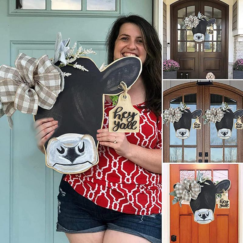Cow Head Sign Welcome Front Door Hanger Rustic Wooden Hanging Signs Porch Decoration Ornaments For Home Kitchen Indoor Outdoor