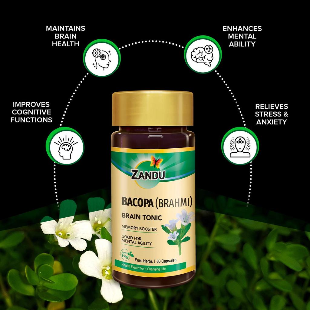 Zandu Bacopa Brahmi Capsules 60 Veg Ayurvedic Herbal Supplement for Focus, Concentration & Mental Clarity
