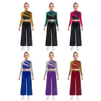 Dievčenská výkonnostná tanečná súprava Rolák Dlhý rukáv Flitre Crop top Prúdiace šifónové Nohavice so širokými nohavicami