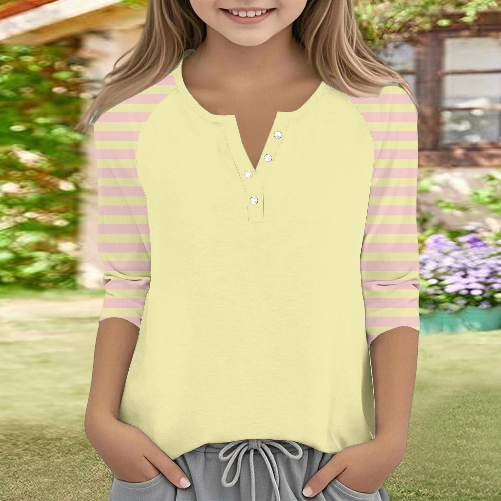 

Print Tops For Youth Girls V Neck 3/4 Sleeves T-Shirts Trendy Tops Outfit Tees 160 жовтий