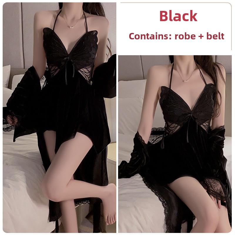 Sexy Backless Velvet Plus Chest Pad Pure Desire Suspender Nightdress Robe Loungewear Set