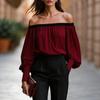 Women's Off-Shoulder Chiffon Blouse with Black Trim and Long Puff Sleeves