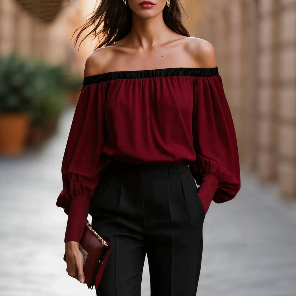 Women's Off-Shoulder Chiffon Blouse with Black Trim and Long Puff Sleeves