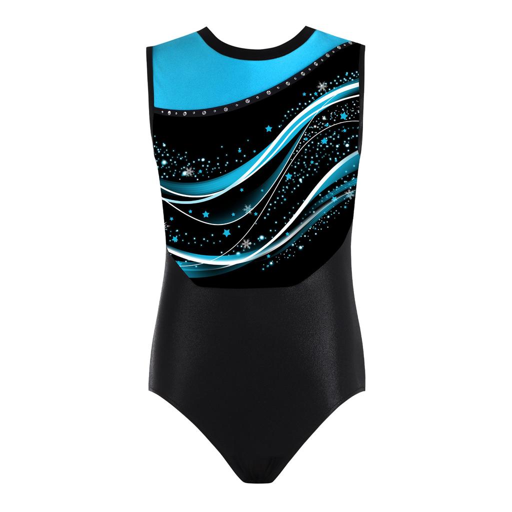 Girls Stylish Print Round Neck Sleeveless Patchwork Gymnastics Leotard Figure Skating Acrobatics Dance Bodysuit