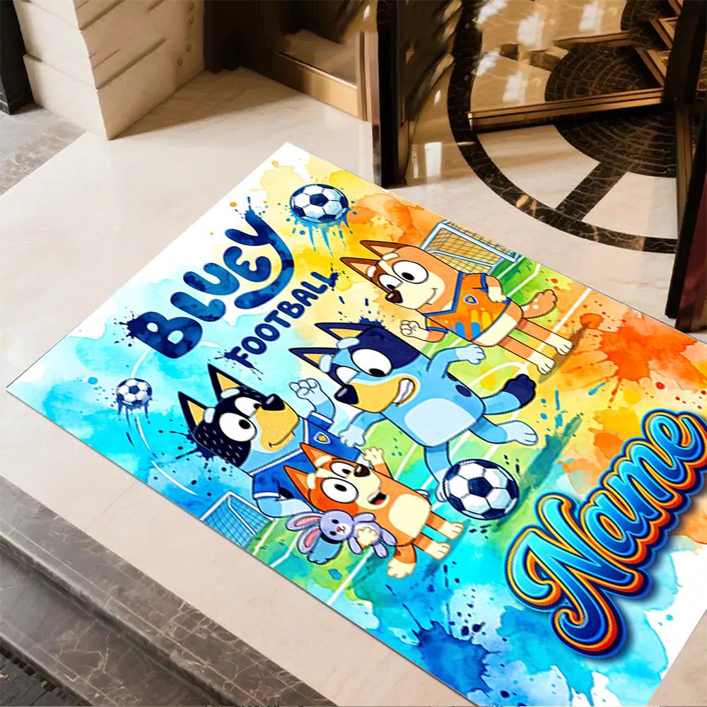 Bluey's Soccer Fun Customized Name Floor Mat Perfect for Study room Foyer Decorate room Playrooms Anti-slip Rug Decorate Offices