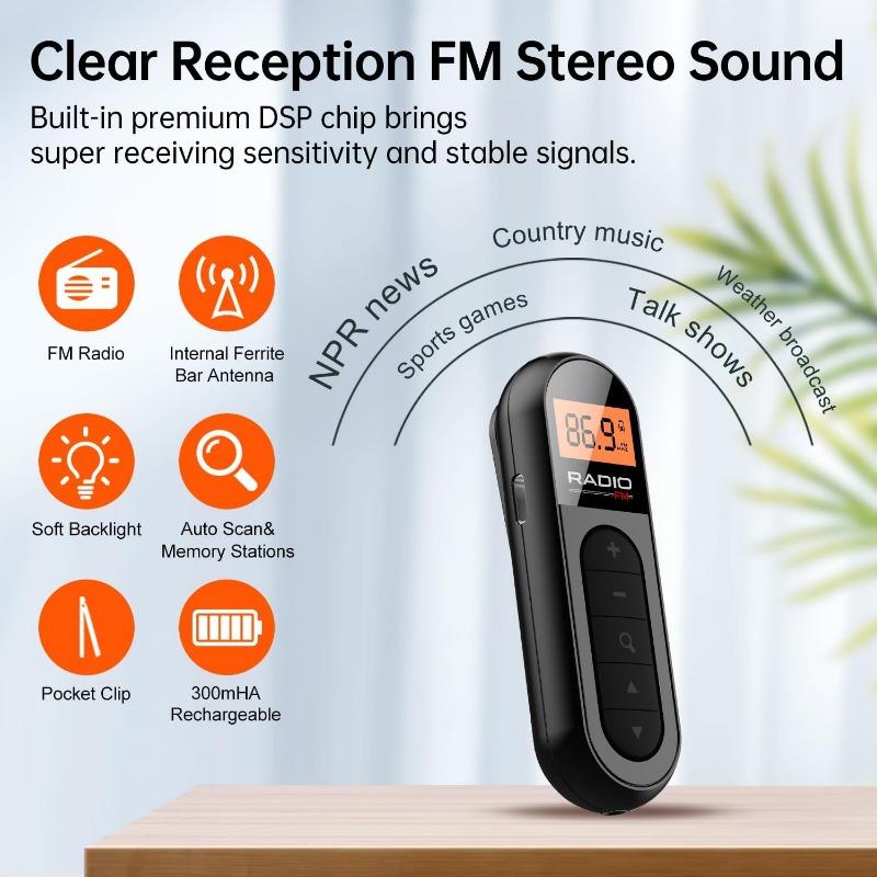 FM portable rechargeable pocket radio with LCD screen, suitable for gym, jogging, walking, camping
