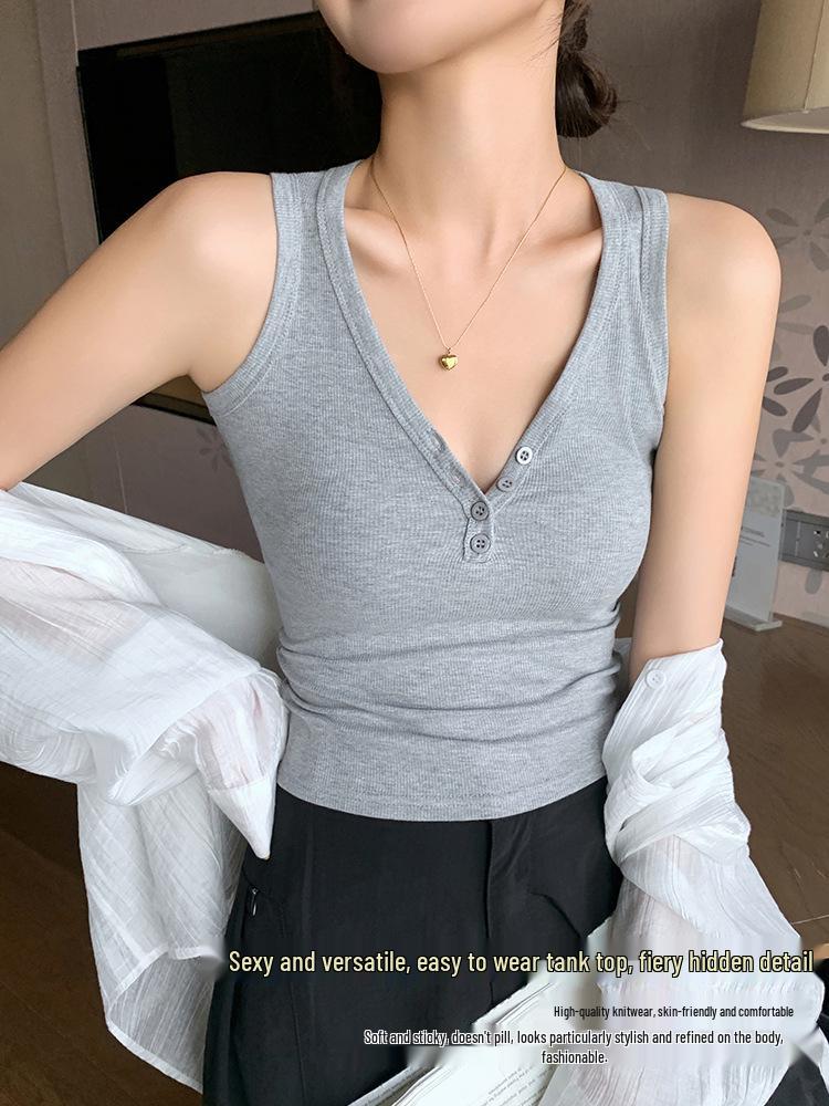 K3019 Threaded Button V-Neck Camisole - Women's Slim-Fit Cotton Top, Spring/Summer Style