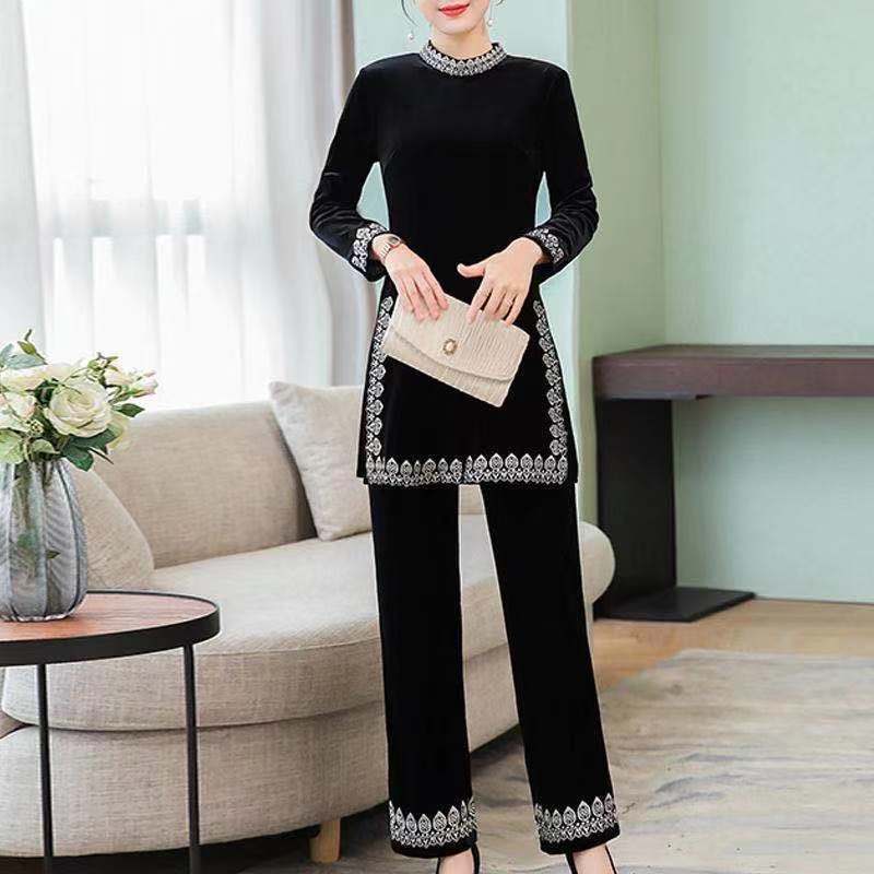 Women Gold Velvet Suit Spring Fashion Pullover Tops and Full Pants Two Piece Set Female Velvet Pants Set