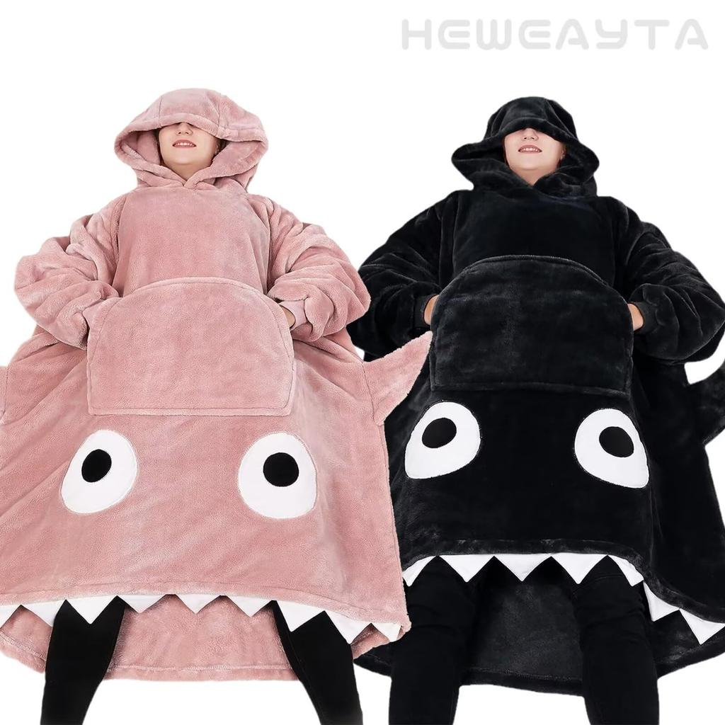 Women's Winter Wearable Blanket - Thick, Hooded, Long Sleeves, Long Length, with Pockets, Fluffy Shark Design, Unisex, Warm (Black, Free Size)
