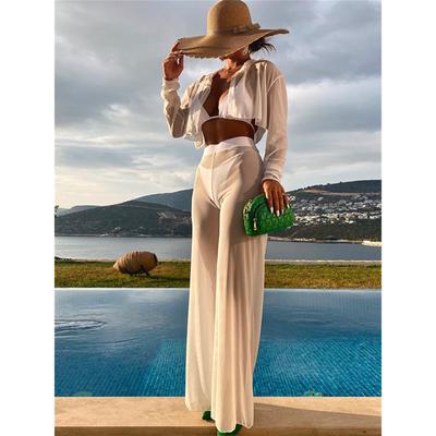 4 peça conjunto de biquíni feminino sólido branco manga longa cobrir com calças cintura alta maiô praia maiô malha tanga